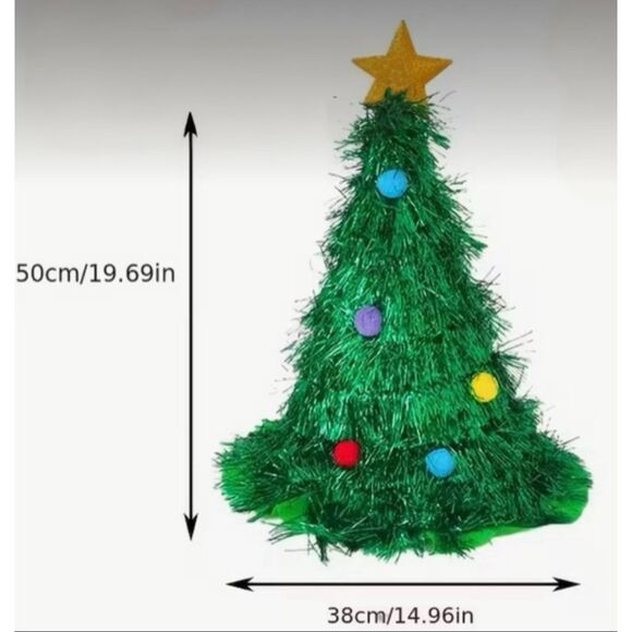 Christmas Tree Novelty Party Hat Green Tinsel Star Topper Adult One Size - Picture 3 of 8